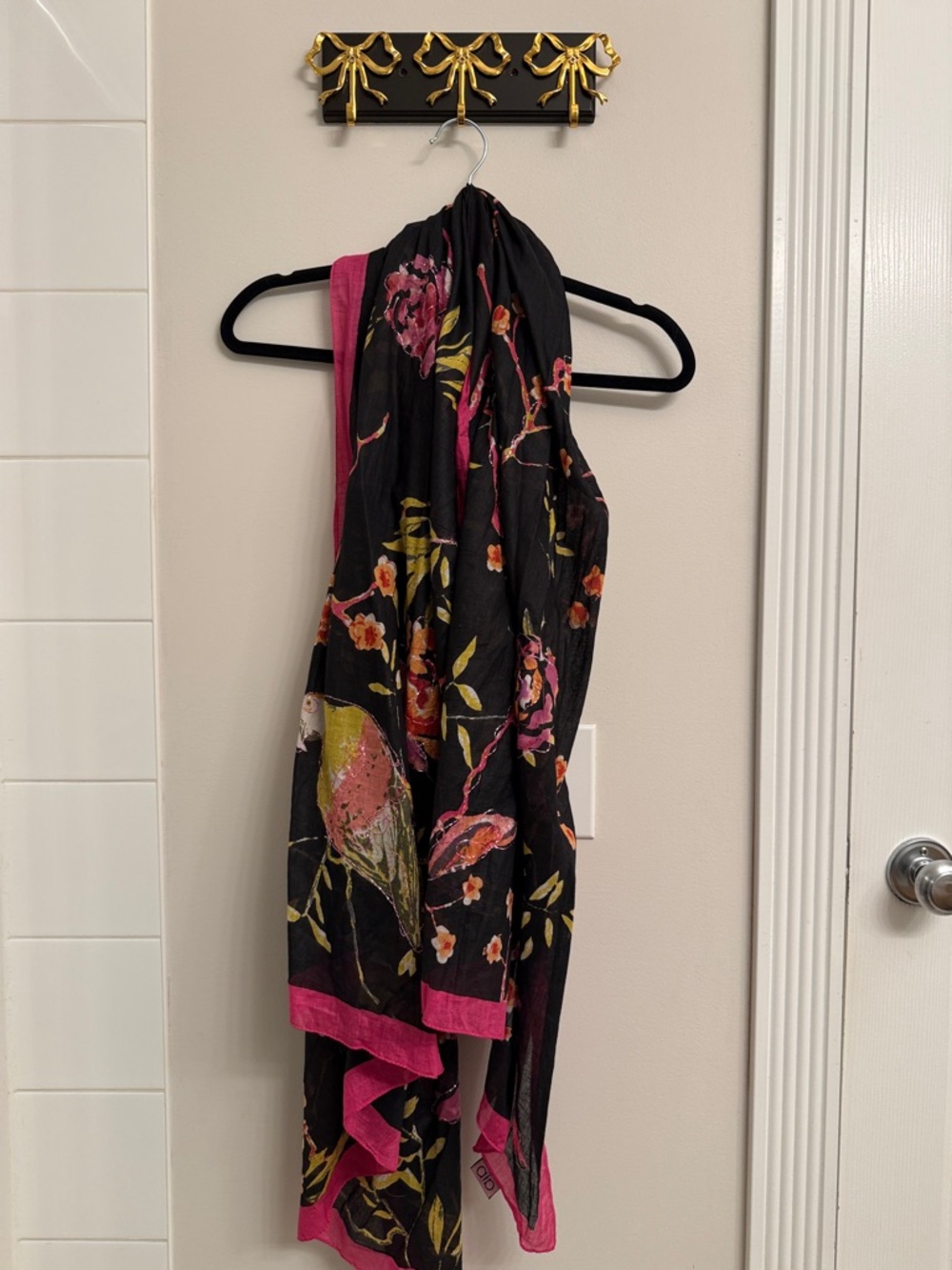 Black Floral Bird Print Scarf with Pink Trim